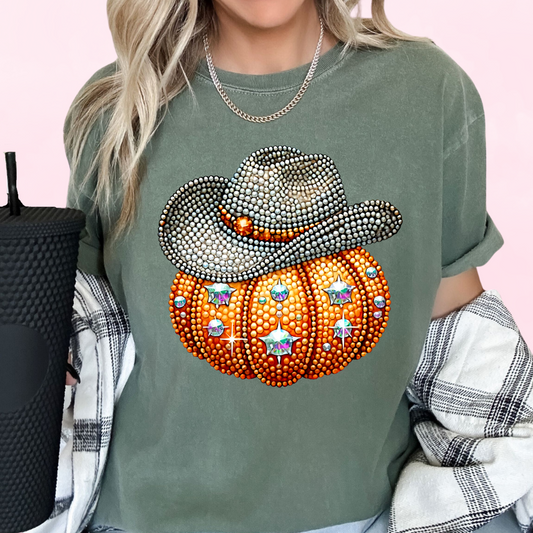 Faux Sequins Rhinestone Cowboy Pumpkin Halloween DTF TRANSFER