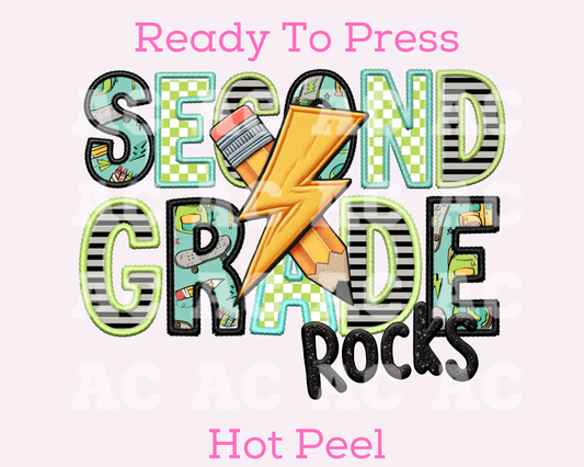 Second Grade Rocks Boy (Faux Embroidery) Grade Level DTF TRANSFER