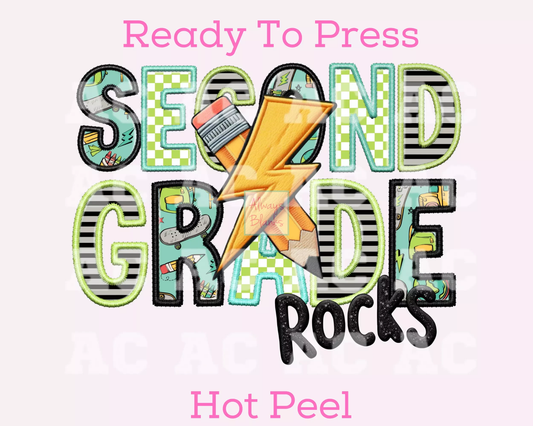 Second Grade Rocks Boy (Faux Embroidery) Grade Level  2nd Grade DTF TRANSFER or UV DTF STICKER