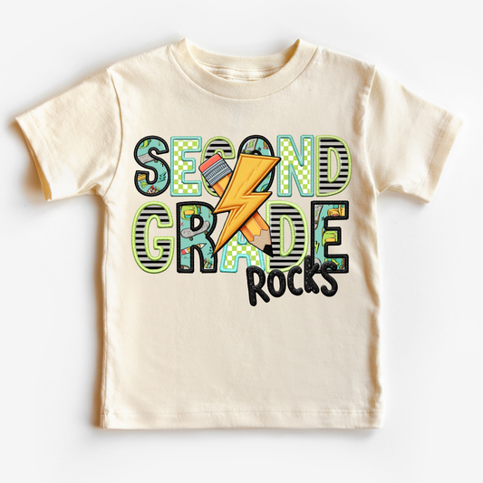 Second Grade Rocks Boy (Faux Embroidery) Grade Level DTF TRANSFER or UV DTF STICKER