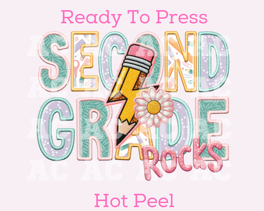 Second Grade Rocks Girl (Faux Embroidery) Grade Level DTF TRANSFER or UV DTF STICKER