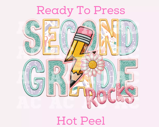 Second Grade Rocks Girl (Faux Embroidery) Grade Level 2nd Grade DTF TRANSFER or UV DTF STICKER