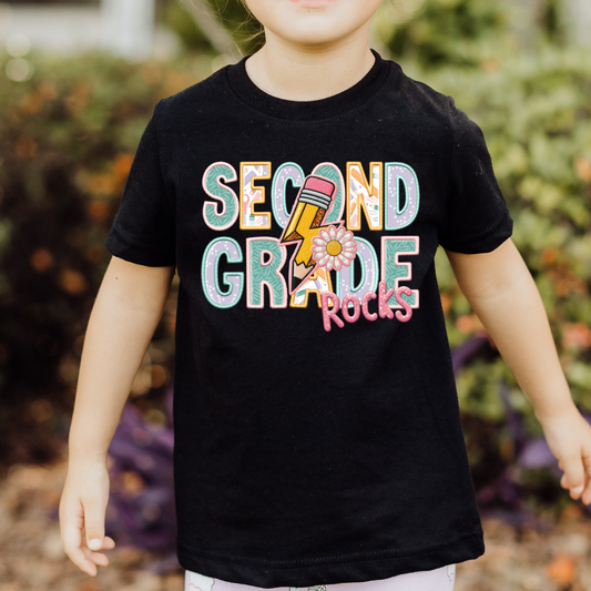 Second Grade Rocks Girl (Faux Embroidery) Grade Level DTF TRANSFER or UV DTF STICKER