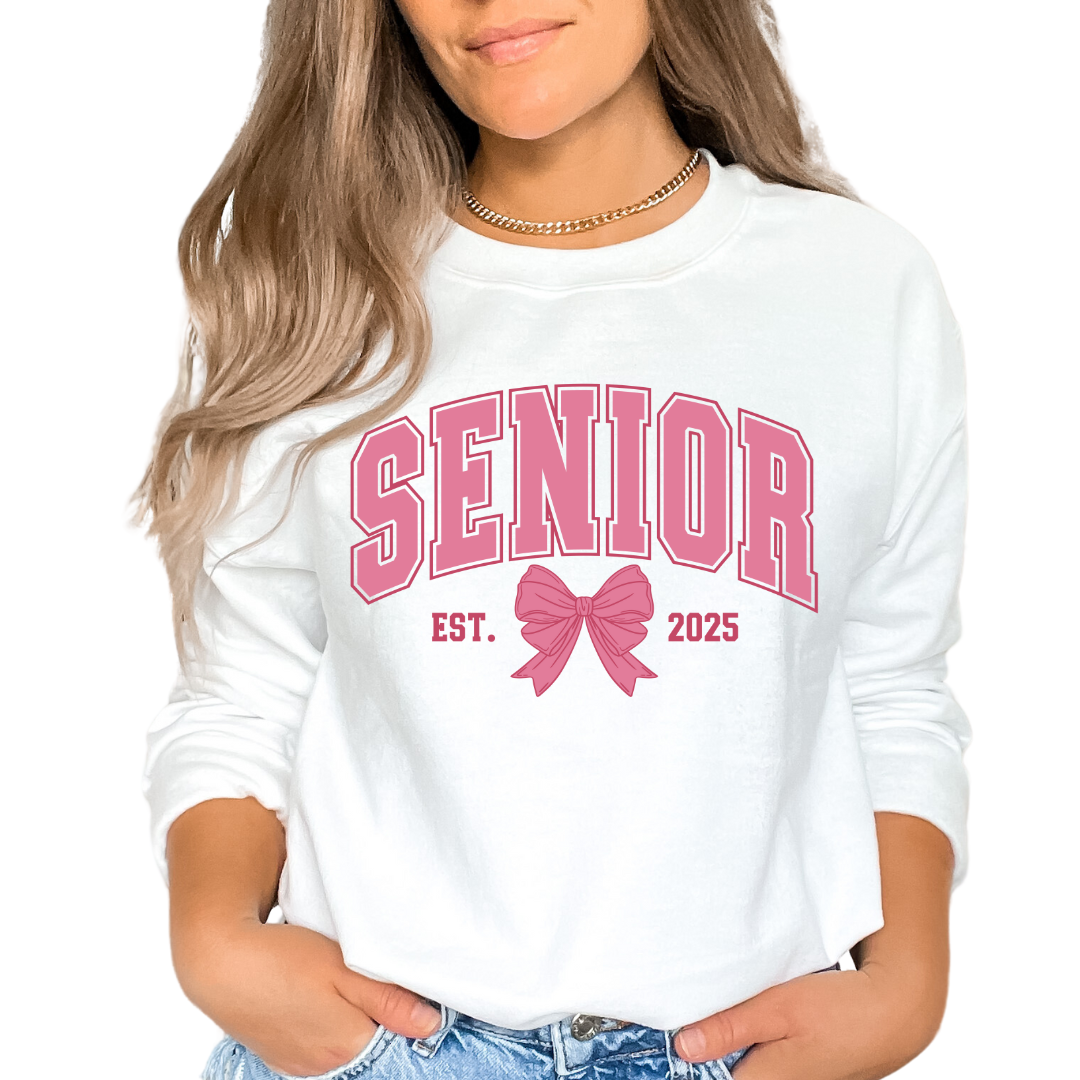 Senior 2025 (Pink) Varsity Coquette Bow Senior DTF TRANSFER or UV DTF STICKER DECAL