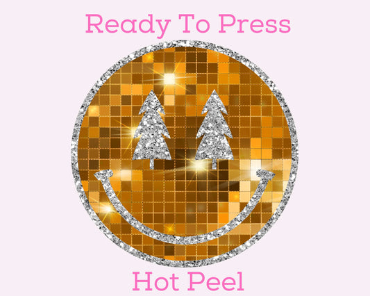 Gold Tree Smiley (Faux Sequins) DTF TRANSFER or UV DTF STICKER