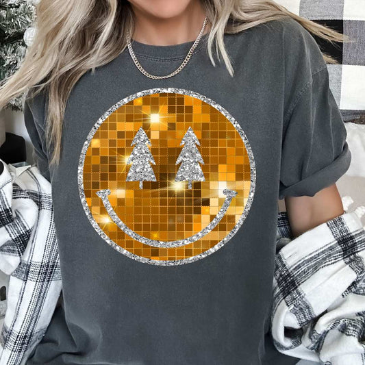 Gold Tree Smiley (Faux Sequins) DTF TRANSFER