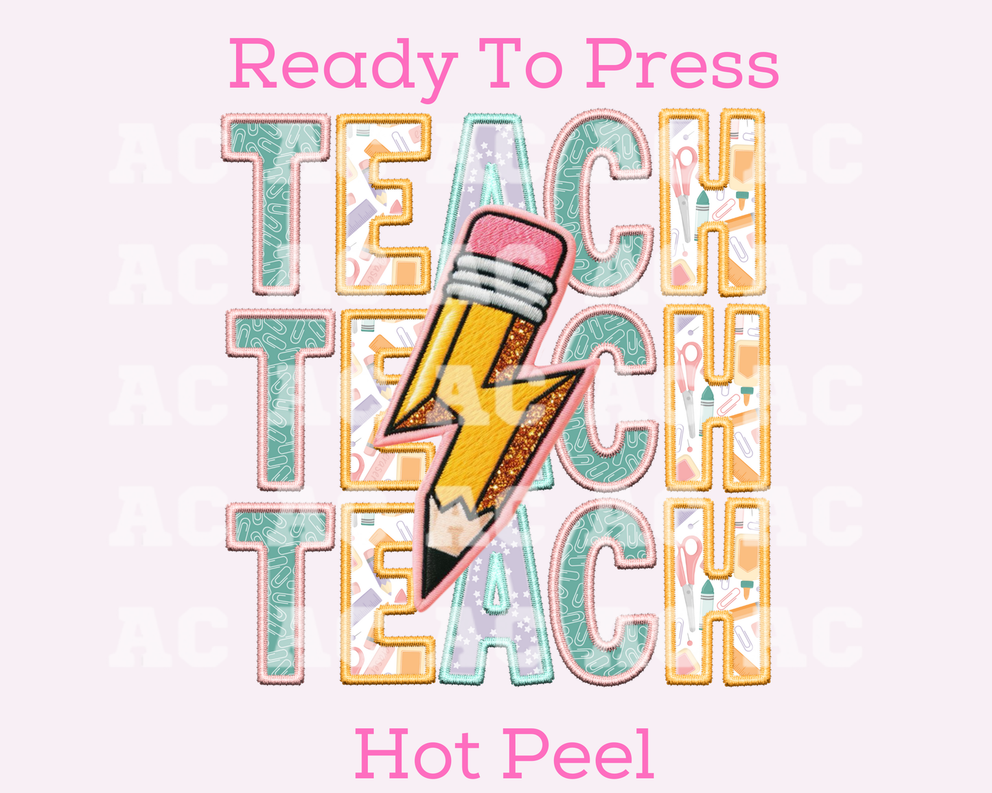 Faux Embroidery Pencil Bolt Teacher DTF TRANSFER or UV DTF STICKER DECAL