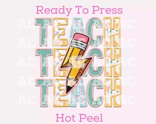 Faux Embroidery Pencil Bolt Teacher DTF TRANSFER or UV DTF STICKER DECAL