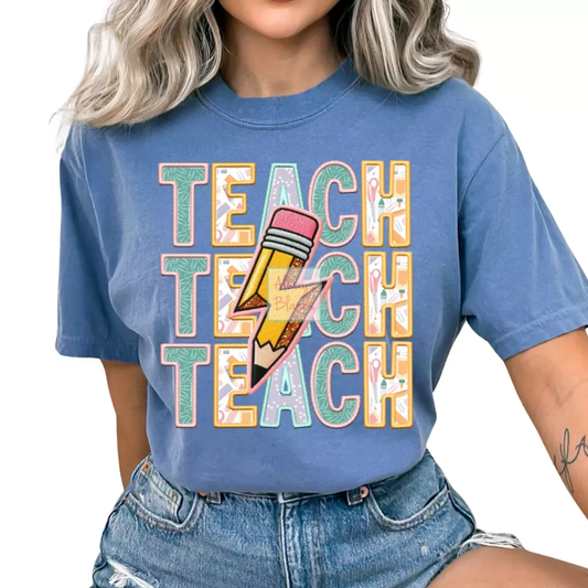 Faux Embroidery Pencil Bolt Teacher DTF TRANSFER or UV DTF STICKER DECAL