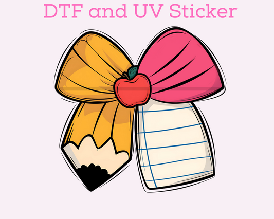 Coquette Pencil Bow apple School Teacher  DTF TRANSFER or UV DTF STICKER DECAL
