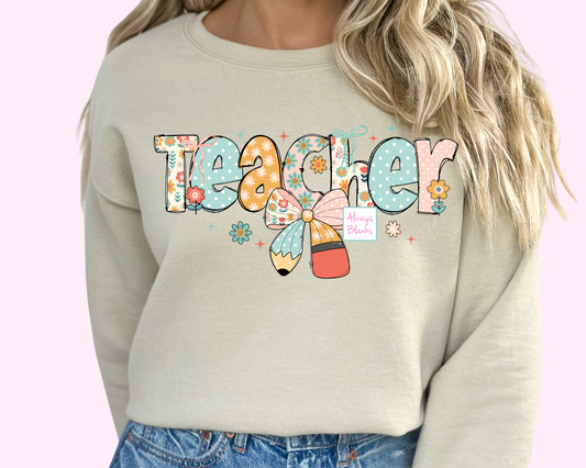 Teacher Patchwork Bow  DTF TRANSFER or UV DTF STICKER DECAL