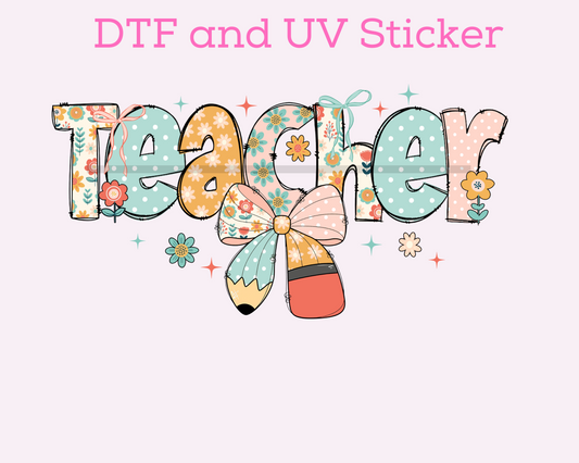 Teacher Patchwork Bow  DTF TRANSFER or UV DTF STICKER DECAL