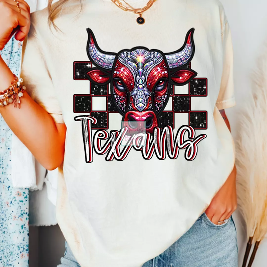 Checkered Texans Faux Embroidery School Mascot DTF TRANSFER or UV DTF STICKER