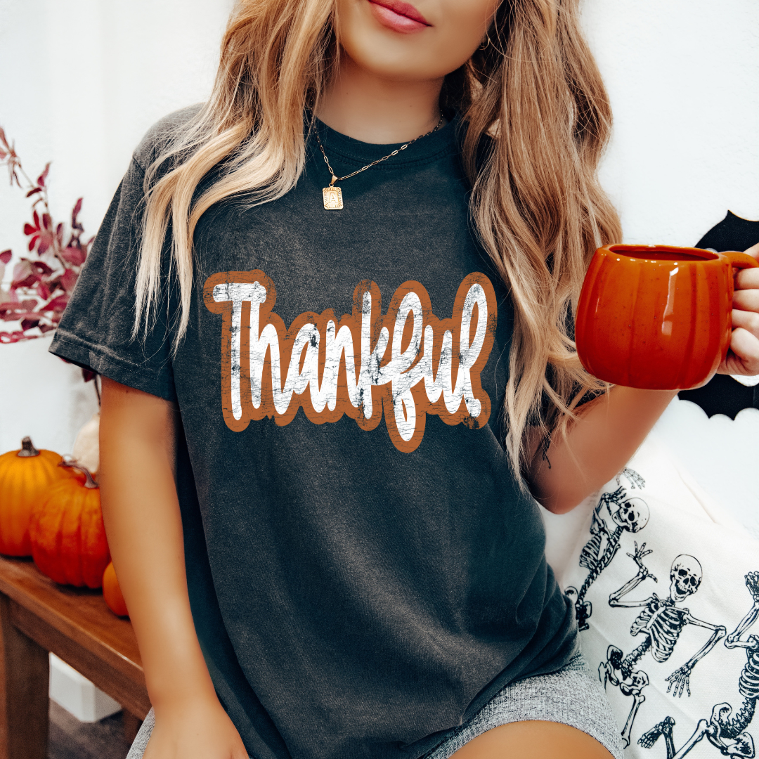 Cursive Thankful (Distressed) Thanksgiving DTF TRANSFER or UV DTF STICKER