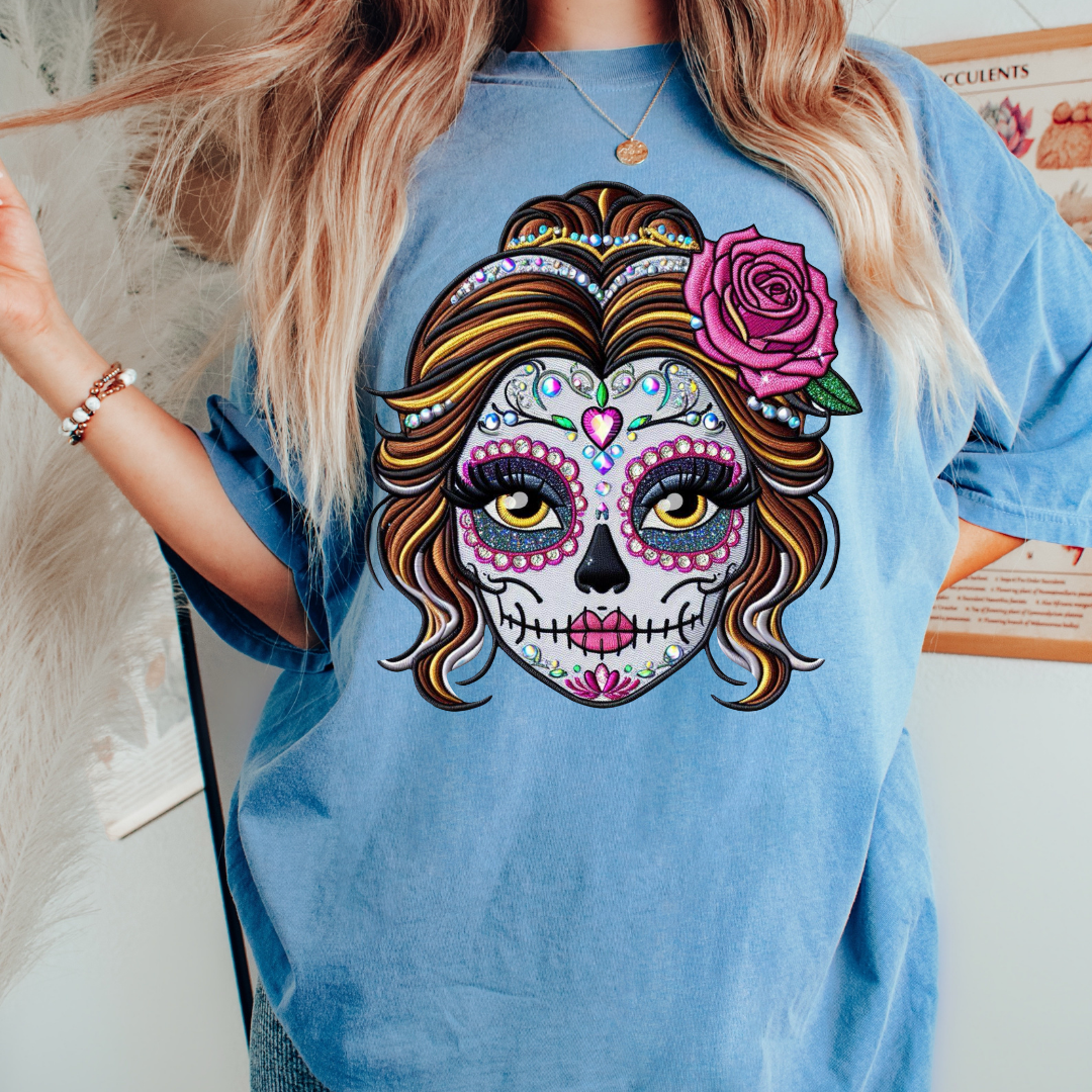 Belle Faux Embroidery Sugar Skull Disney DTF TRANSFER