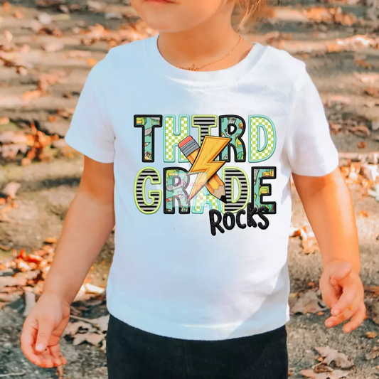 Third Grade Rocks Boy (Faux Embroidery) Grade Level 3d Grade DTF TRANSFER or UV DTF STICKER
