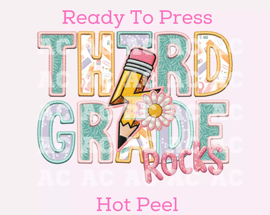 Third Grade Rocks Girl (Faux Embroidery) Grade Level DTF TRANSFER or UV DTF STICKER