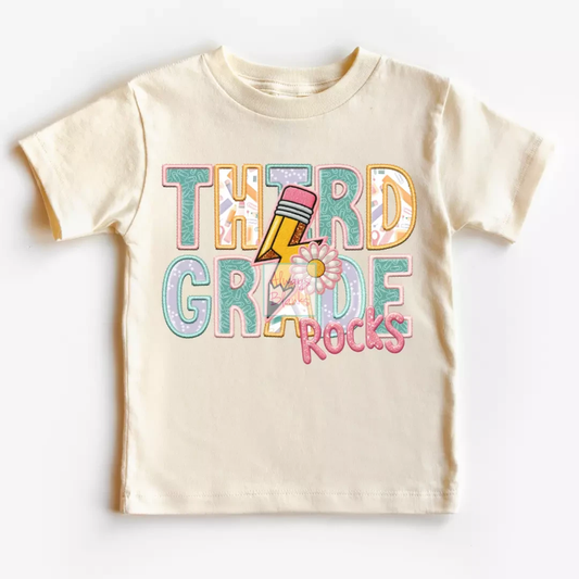 Third Grade Rocks Girl (Faux Embroidery) Grade Level 3d Grade DTF TRANSFER or UV DTF STICKER