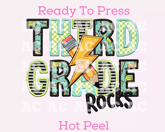 Third Grade Rocks Boy (Faux Embroidery) Grade Level 3d Grade DTF TRANSFER or UV DTF STICKER