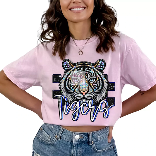 Checkered Tigers Faux Embroidery School Mascot DTF TRANSFER or UV DTF STICKER