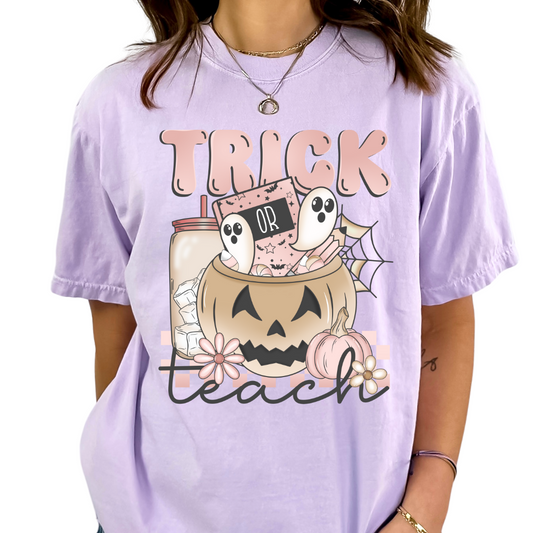 Pumpkin And Ghosts Trick Or Teach Halloween DTF TRANSFER or UV DTF STICKER DECAL