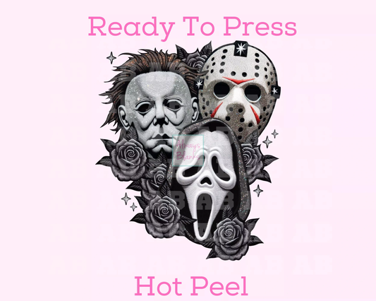 Horror Trio And Roses (Faux Embroidery) Halloween DTF TRANSFER or UV DTF STICKER