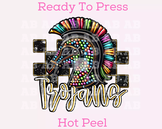 Checkered Trojans Faux Embroidery School Mascot DTF TRANSFER or UV DTF STICKER