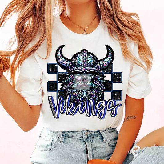 Checkered Vikings Faux Embroidery School Mascot DTF TRANSFER