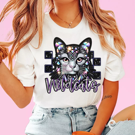 Checkered Wildcats Faux Embroidery School Mascot DTF TRANSFER or UV DTF STICKER