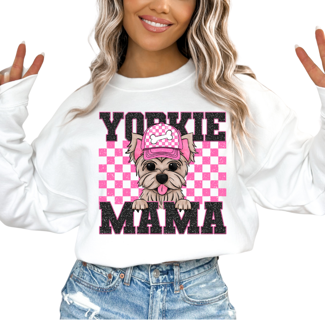 Yorkie Mama (Pink) Faux Sequins Faux Embroidery Mom DTF TRANSFER