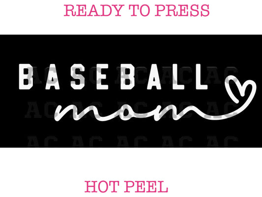 Baseball Script Mom (White) DTF TRANSFER or UV DTF STICKER